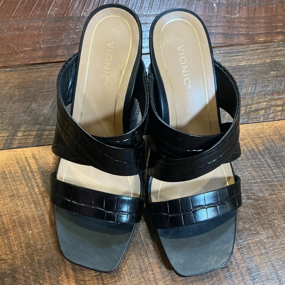 Vionic Merlot Black Croc Leather Slide Sandals Women’s Comfort Criss-Cross - Picture 2 of 13